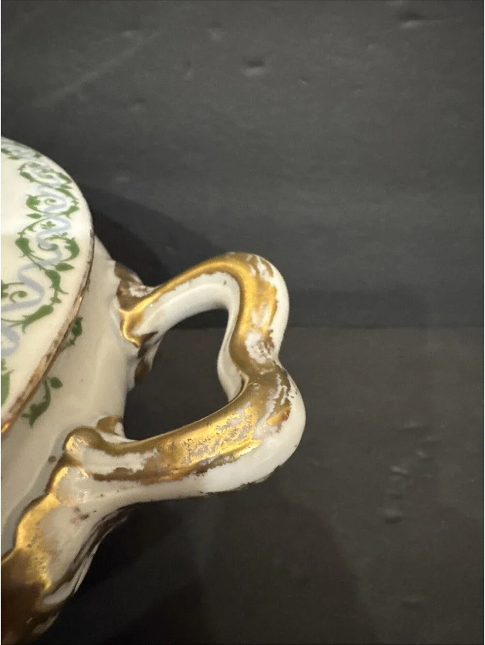 Wm Guerin & Co Limoges Covered Serving Bowl Tureen W Lid Green Blue  Swirl Gold